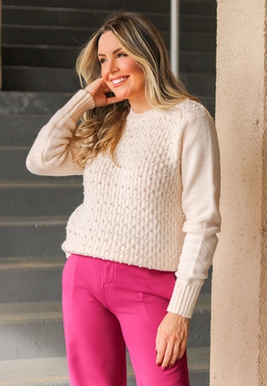 Blusa Tricô Manga Longa Pérolas g
