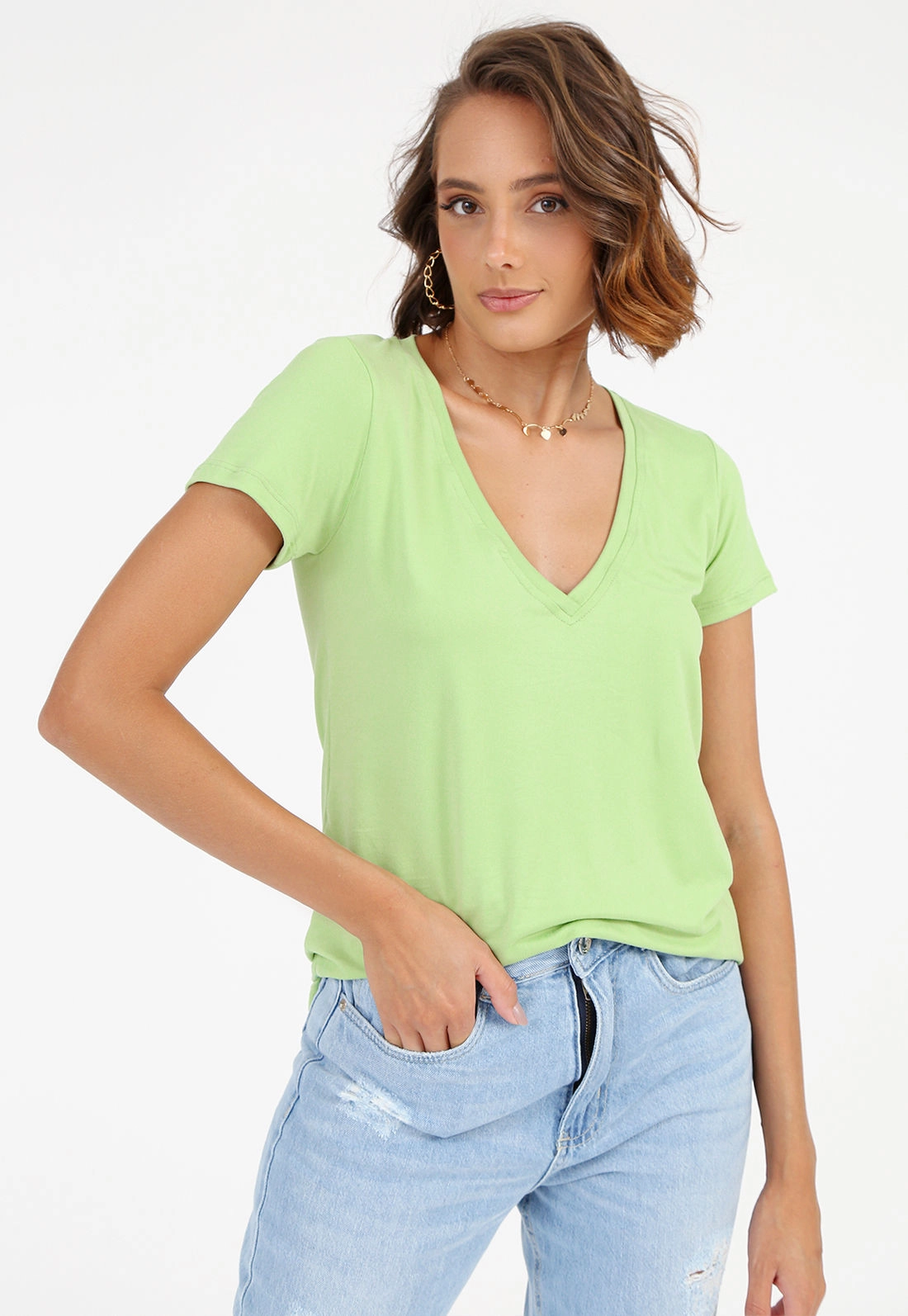 Blusa Suede Manga Curta Decote V