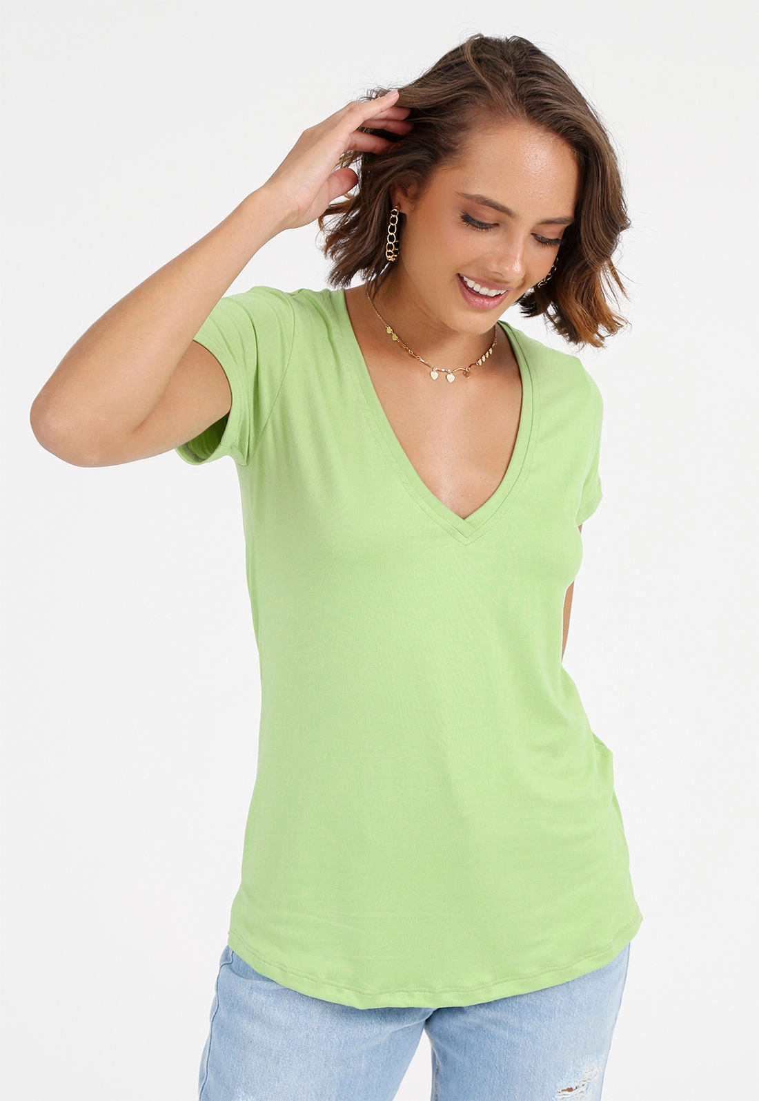 Blusa Suede Manga Curta Decote V