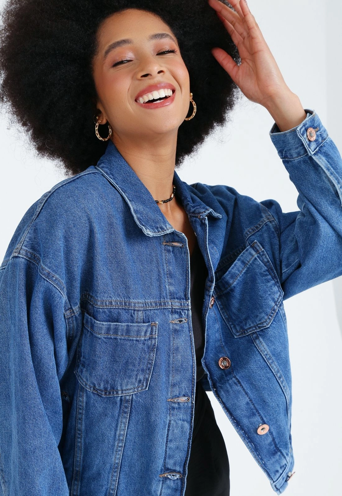 Jaqueta Jeans Bolso Recortes