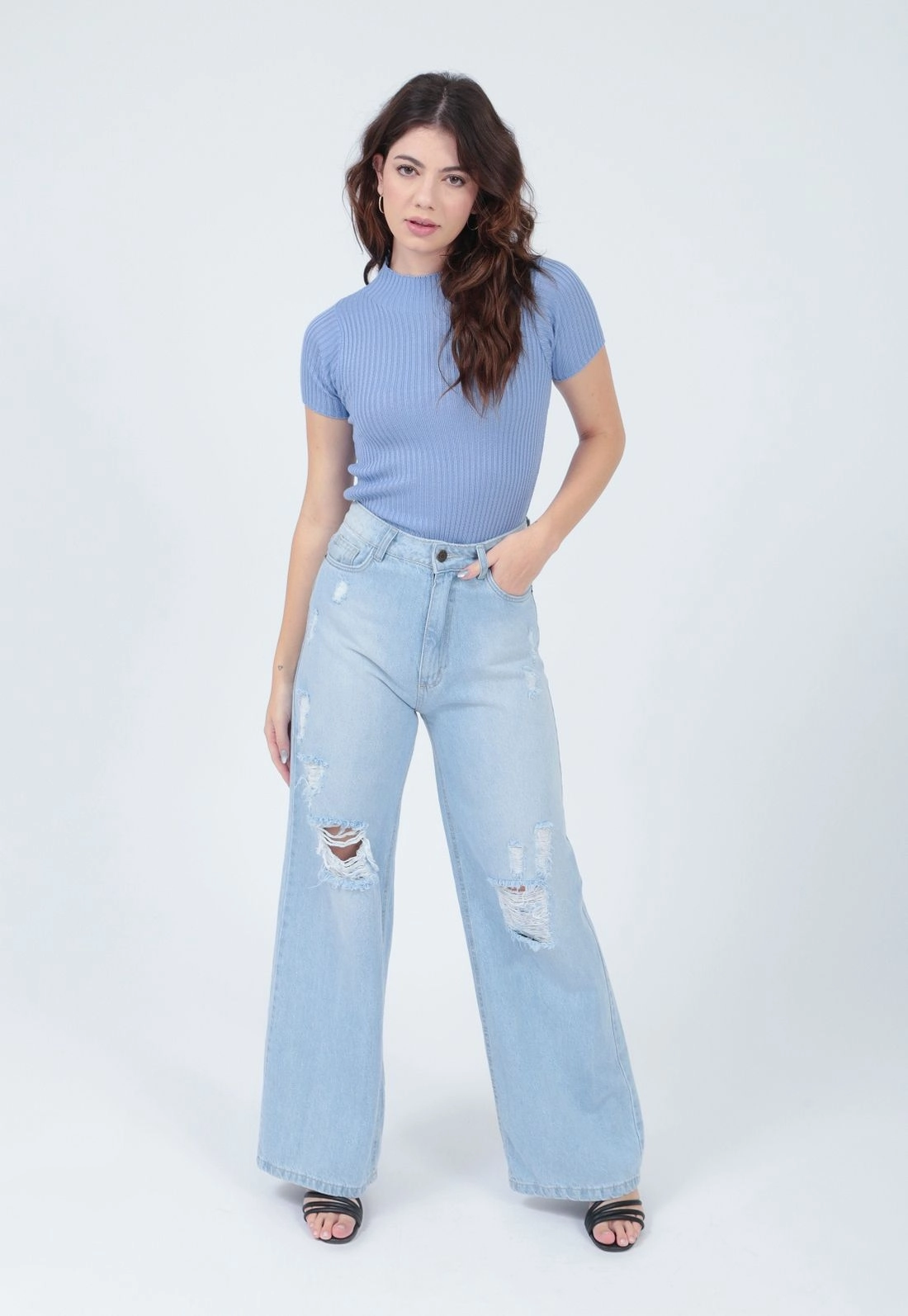 Calça Jeans Wide Leg Delave Rasgo