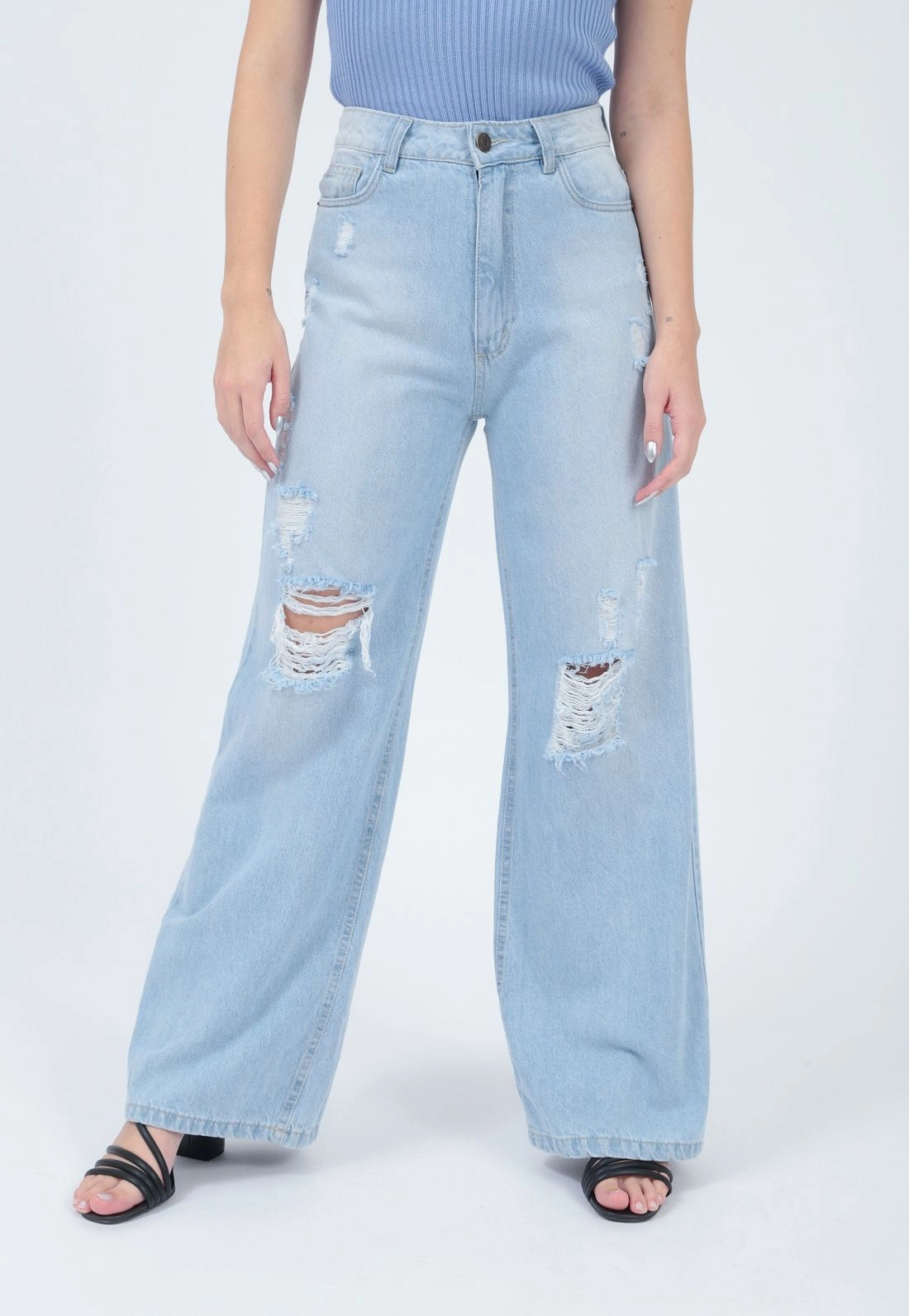 Calça Jeans Wide Leg Delave Rasgo