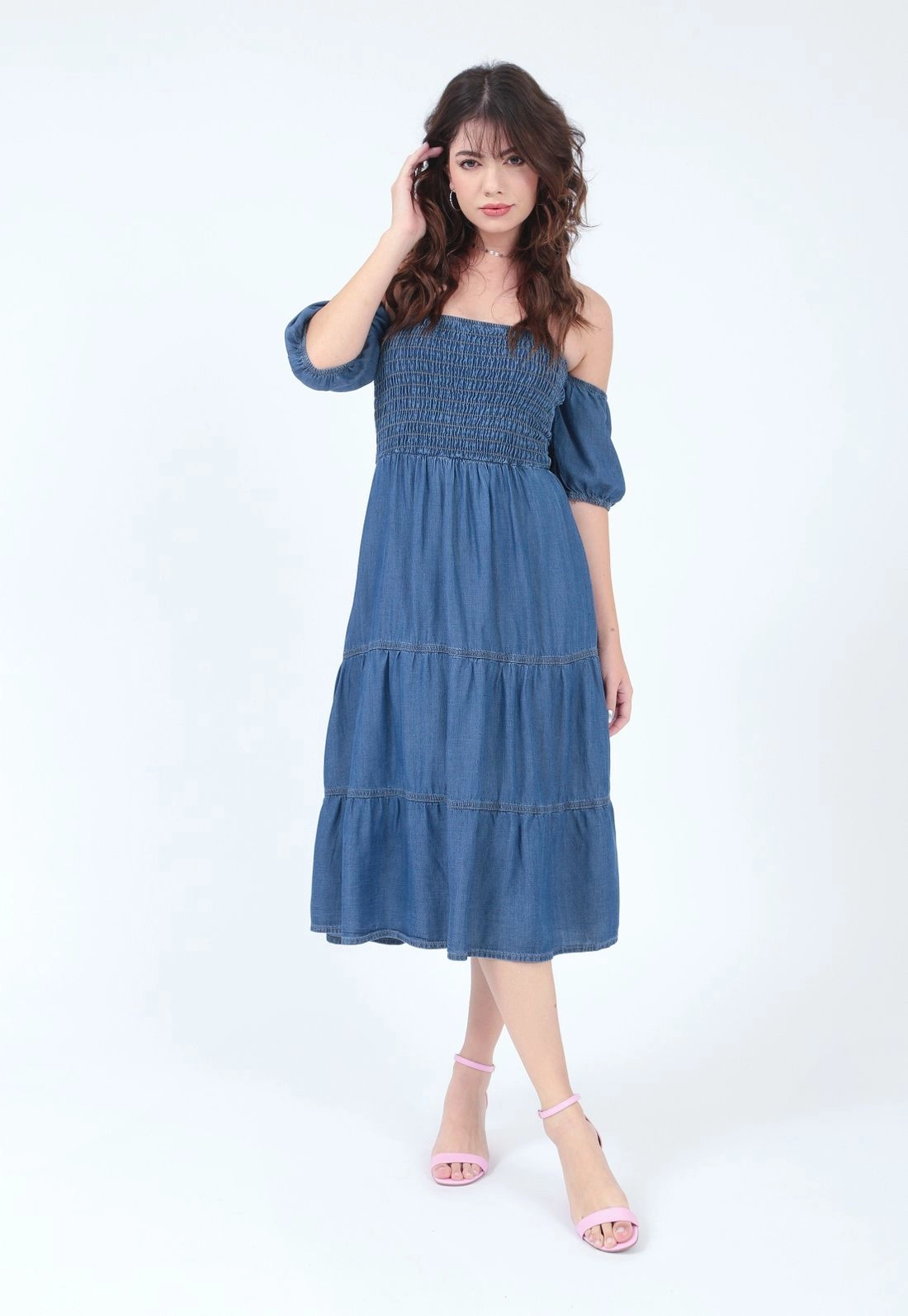 Vestido Lyocel Manga Curta Midi Elastex