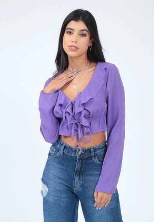 Cropped Chiffon Manga Longa Babado