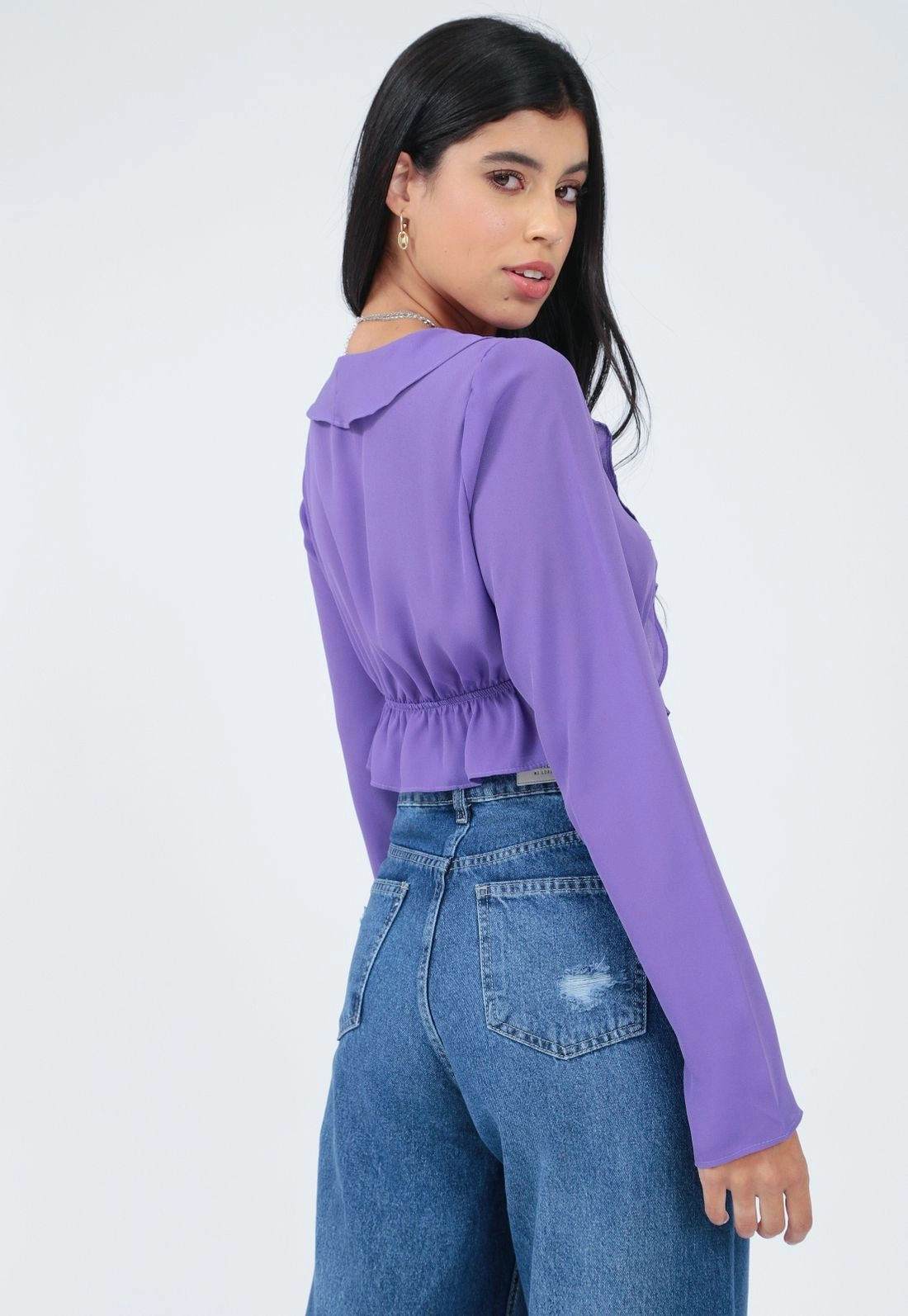 Cropped Chiffon Manga Longa Babado