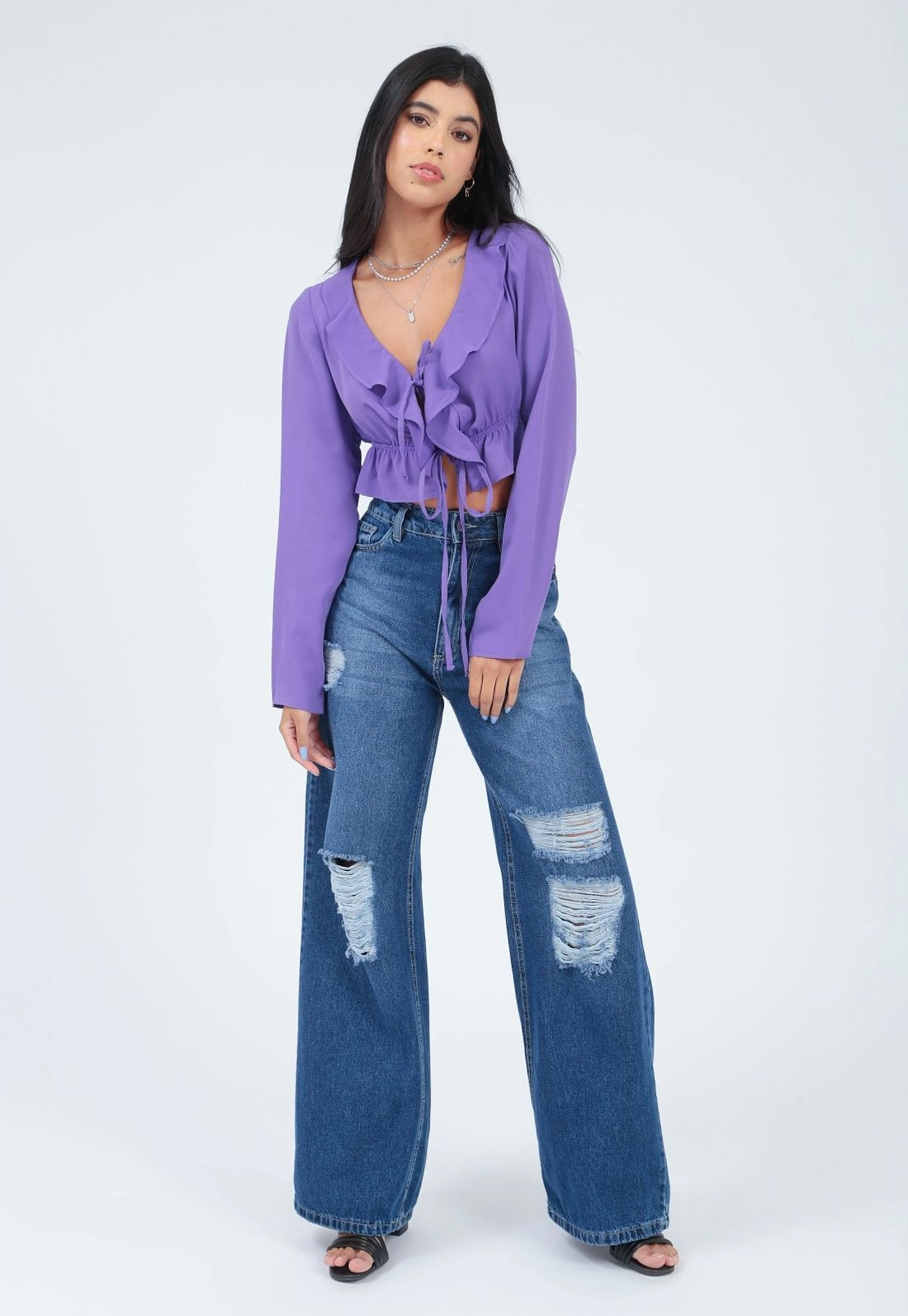 Cropped Chiffon Manga Longa Babado