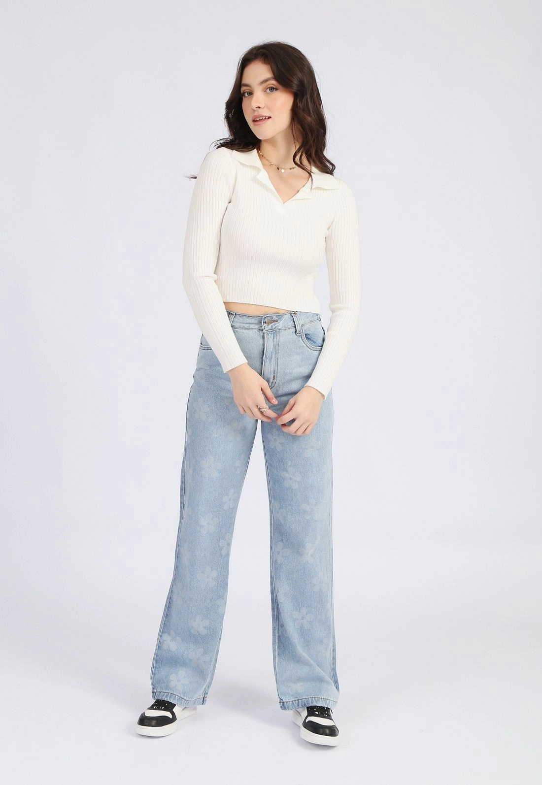 Calça Jeans Reta Floral
