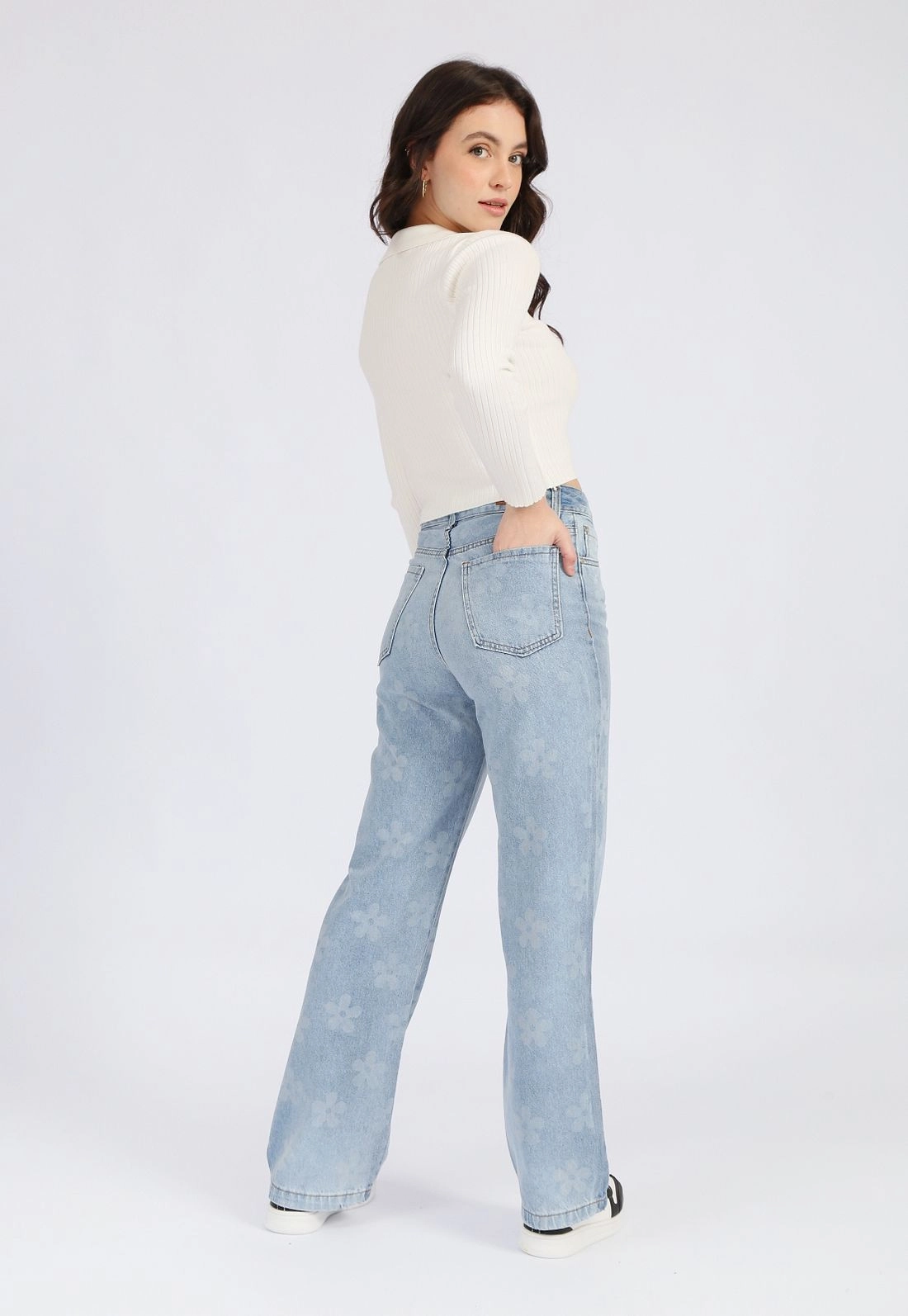 Calça Jeans Reta Floral
