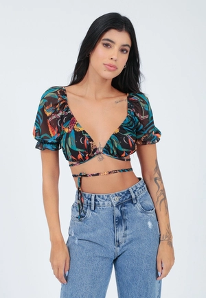 Cropped Tule Manga Curta Viés Estampado
