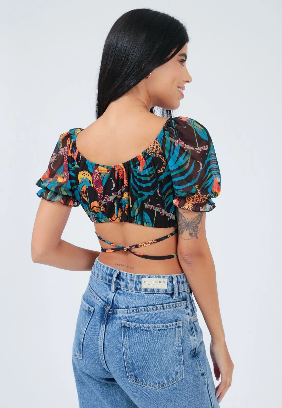 Cropped Tule Manga Curta Viés Estampado