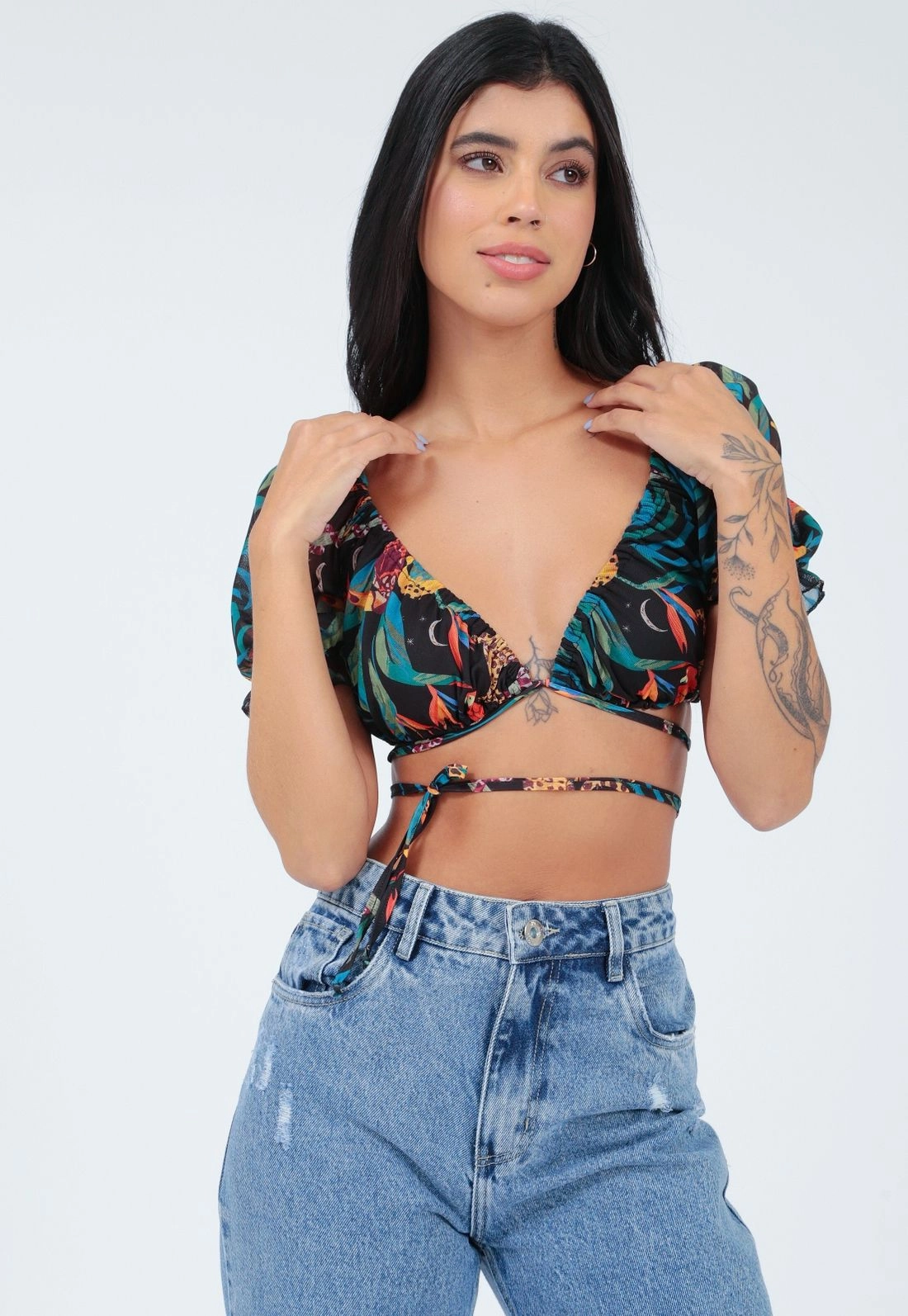 Cropped Tule Manga Curta Viés Estampado