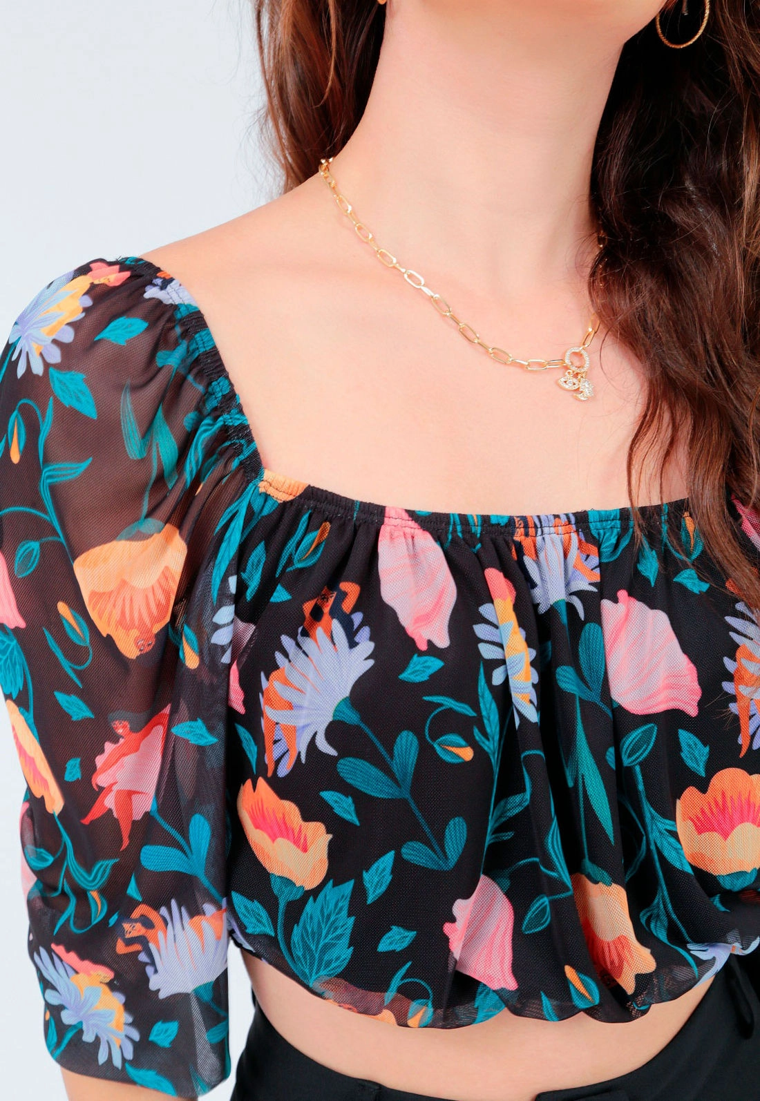Cropped Tule Manga Longa Estampado