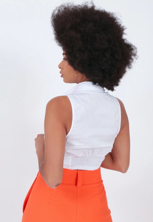 Cropped Tricoline Sem Manga Franzido