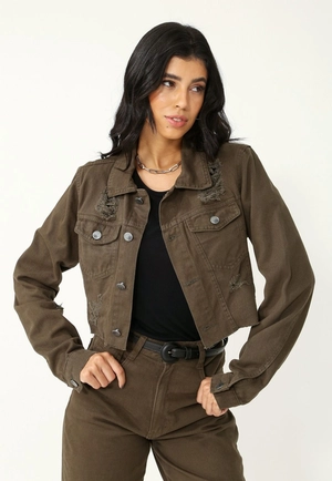 Jaqueta Sarja Cropped Barra Desfiada