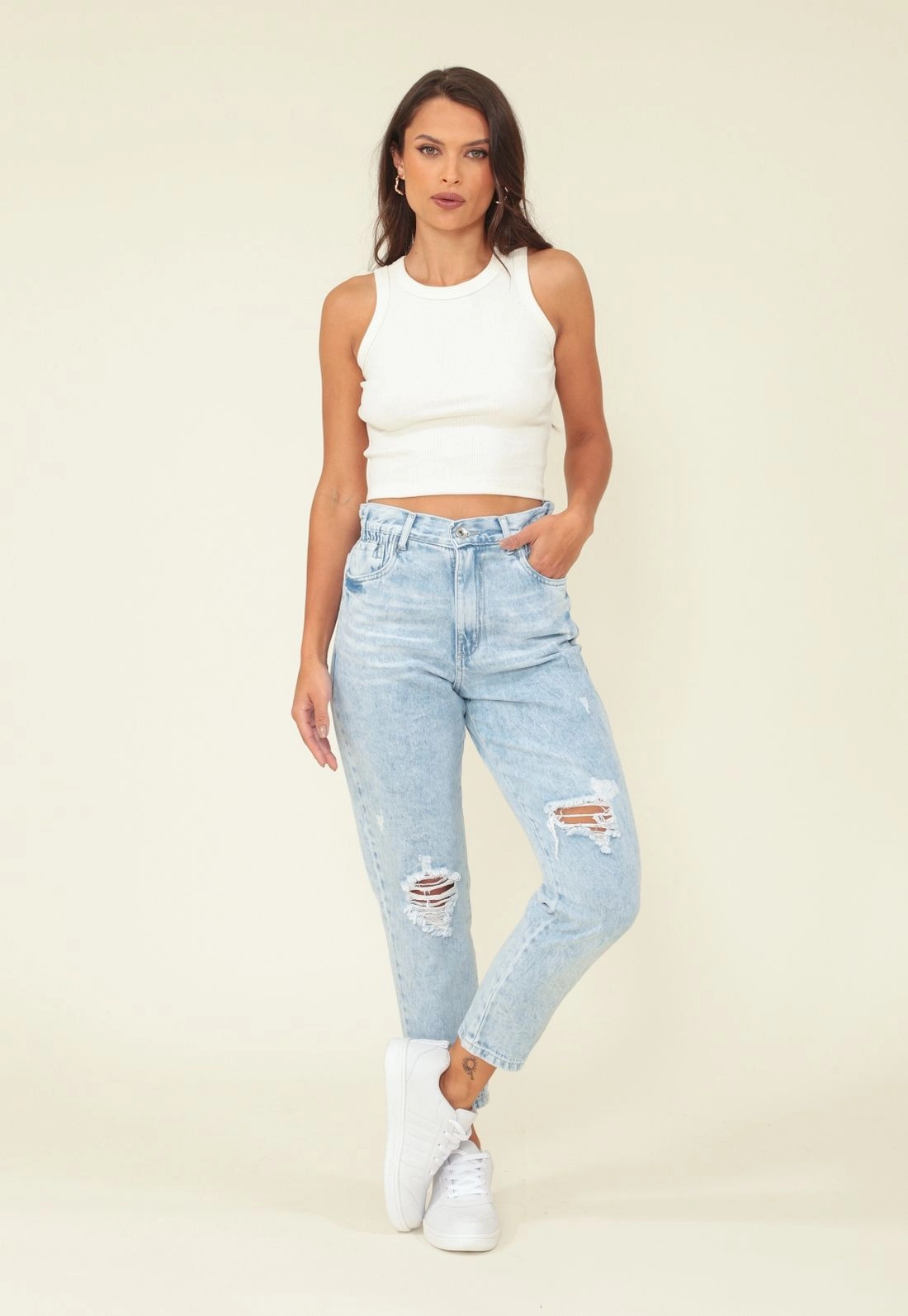 Calça Jeans Mom Elástico Cós Lateral