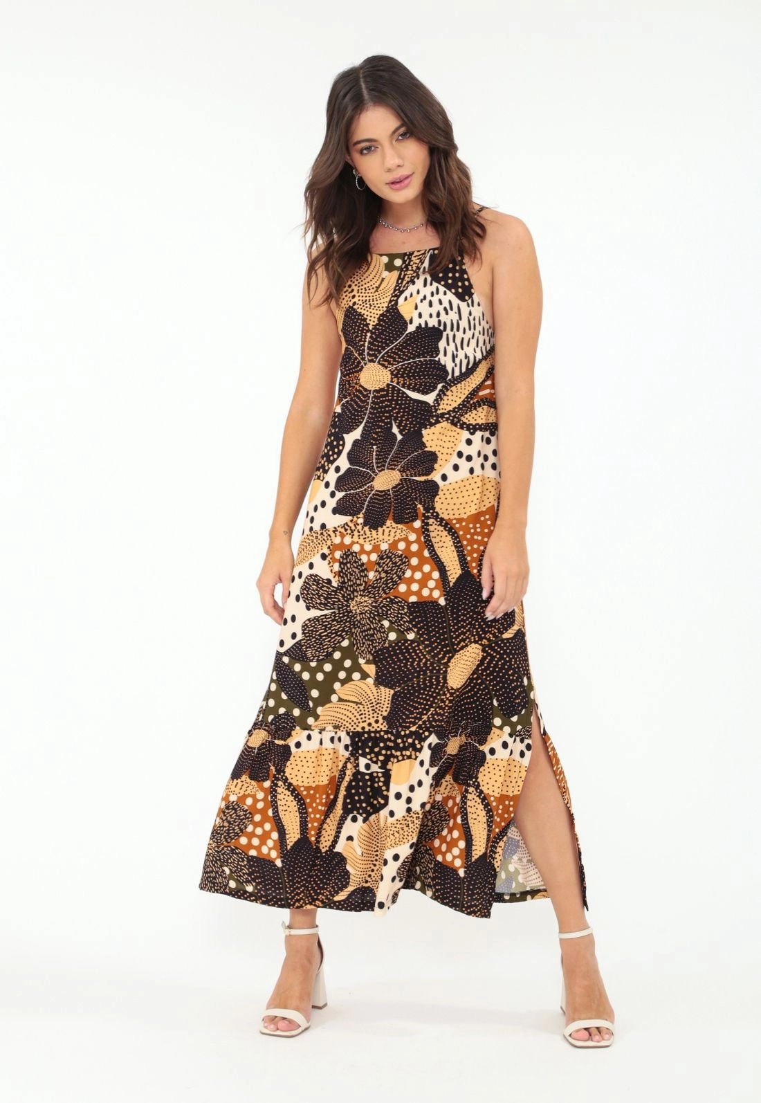 Vestido Viscose Midi Alça Estampa Maxi Floral