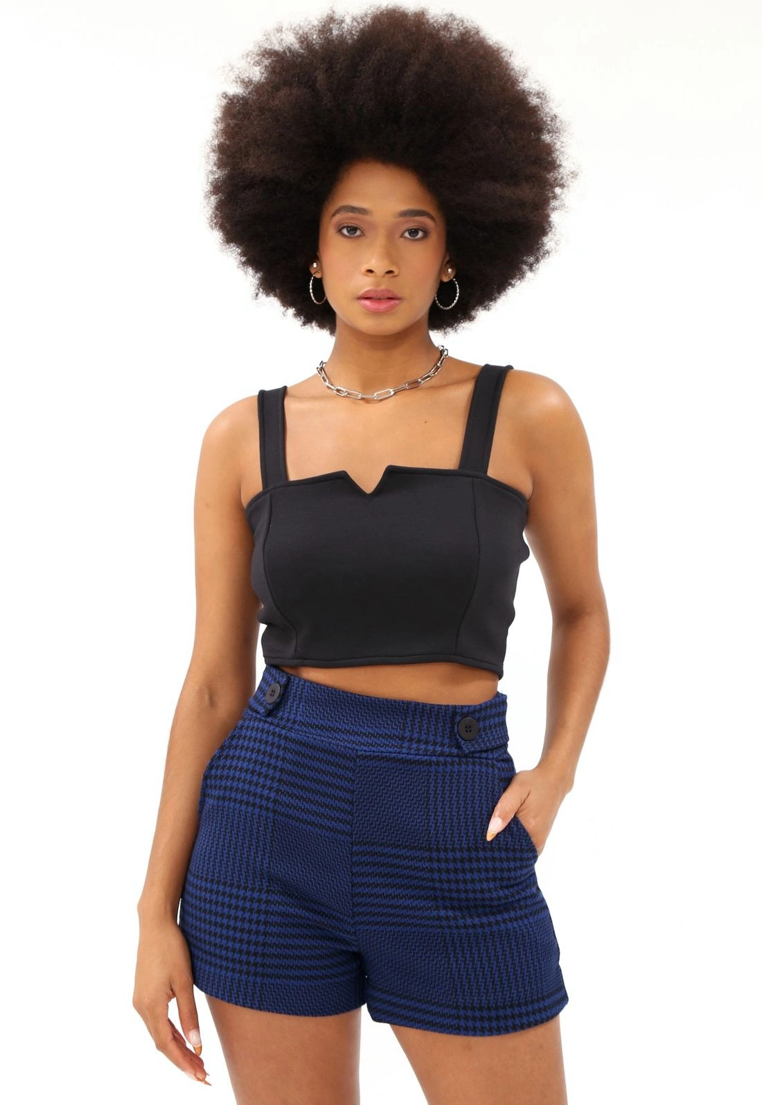 Short Xadrez Bolso Faca Botão Cós