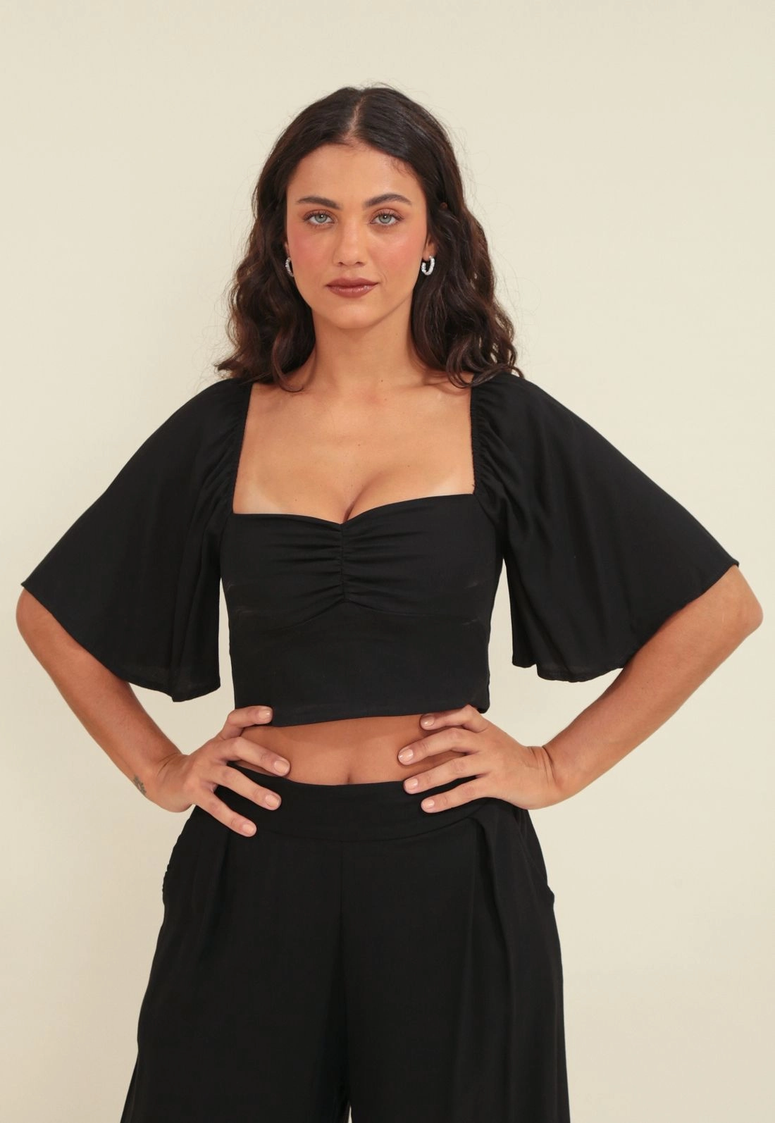 Cropped Viscose Twill Manga Ampla Franzido Busto