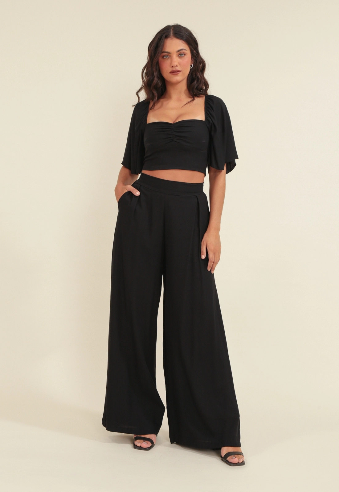 Calça Pantalona Viscose Twill Com Pregas