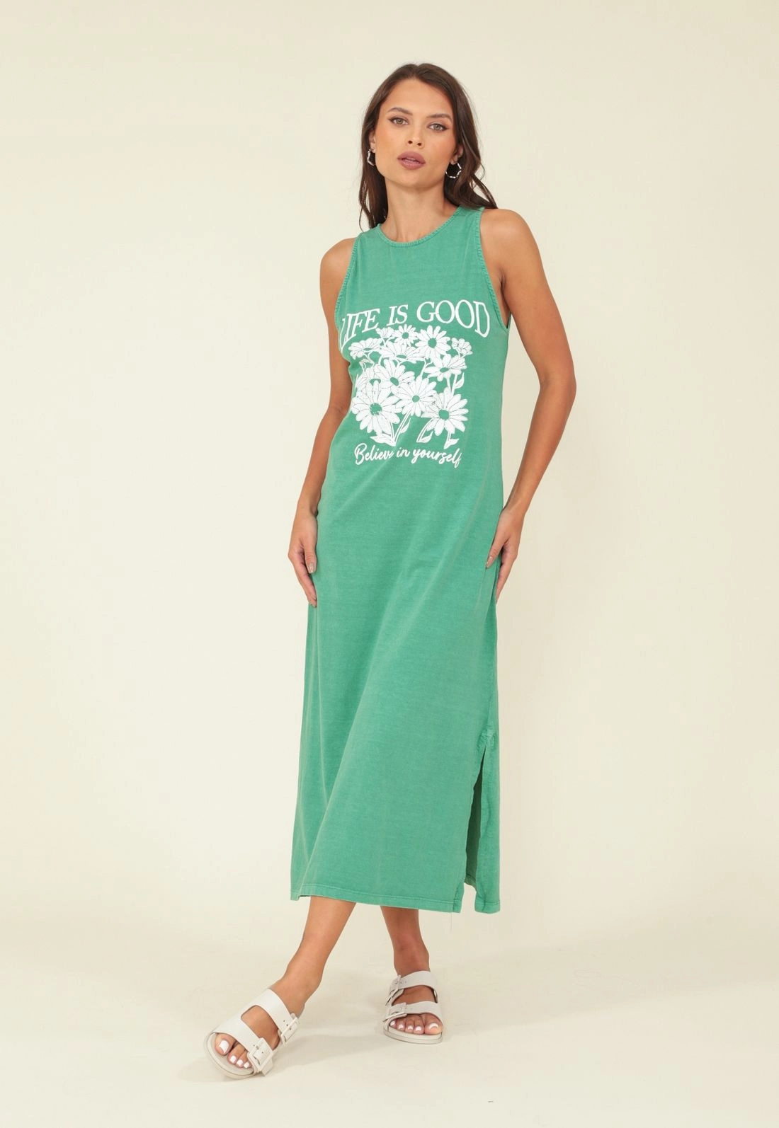 Vestido Midi Estonado Em M/M Sem Manga Com Silk Flor