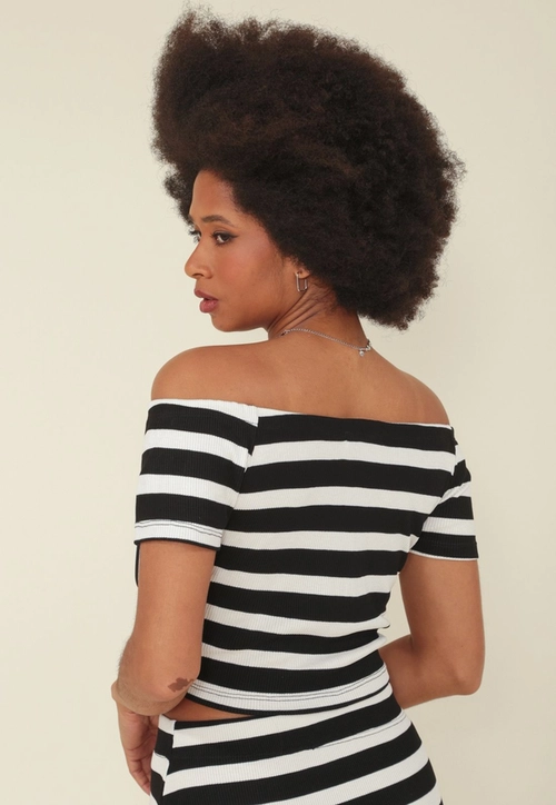 Blusa Cropped Ribana Listrado Ombro A Ombro