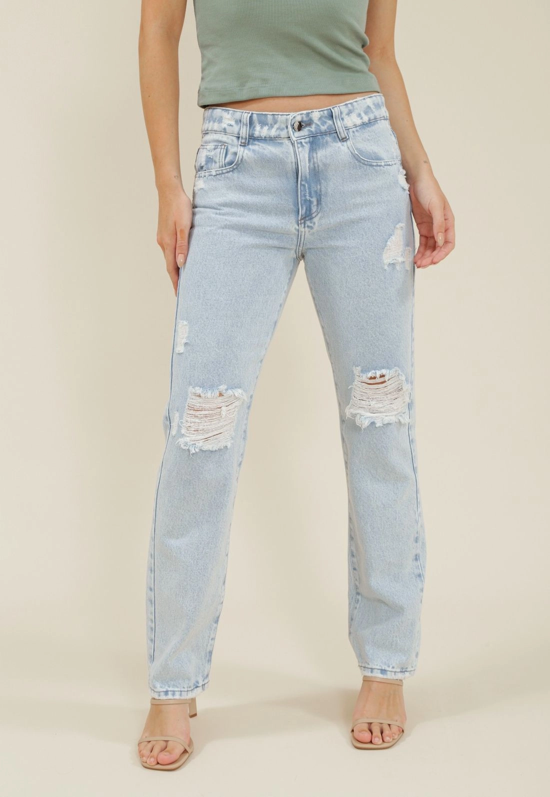 Calça Jeans Reta Jeans Cintura Média Com Rasgos