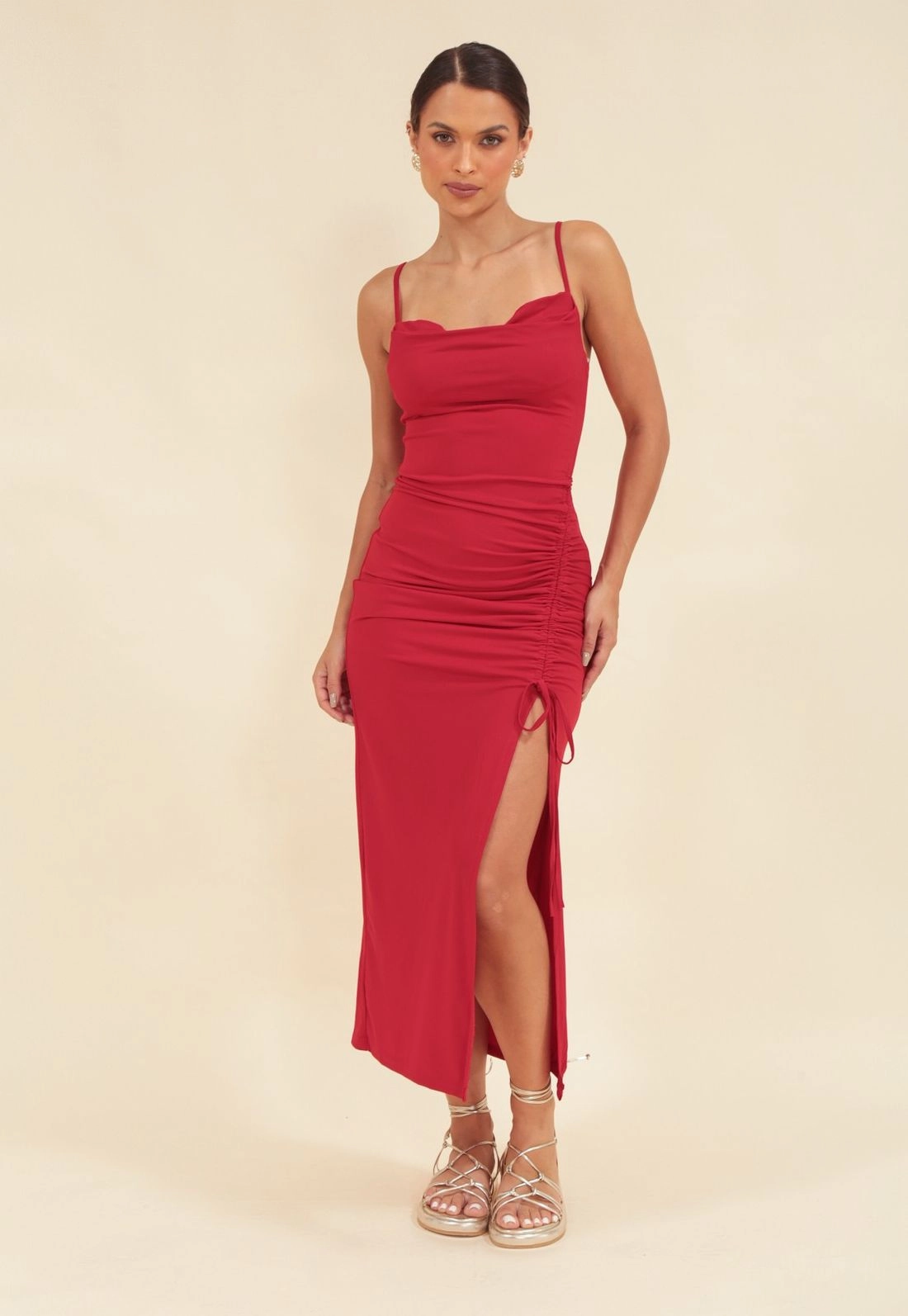 Vestido Midi Crepe Alça Decote Degagê Puxador