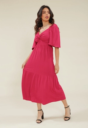 Vestido Midi Malha Texturizada Transpasse Busto