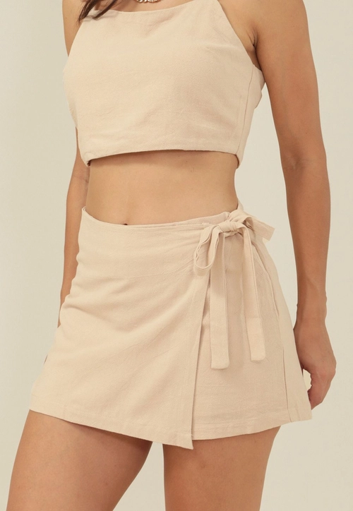 Short Saia Em Algodão Com Linho Transpasse E Faixa