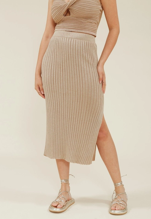 Saia Midi Em Tricô Canelado Lurex