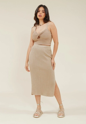 Saia Midi Em Tricô Canelado Lurex