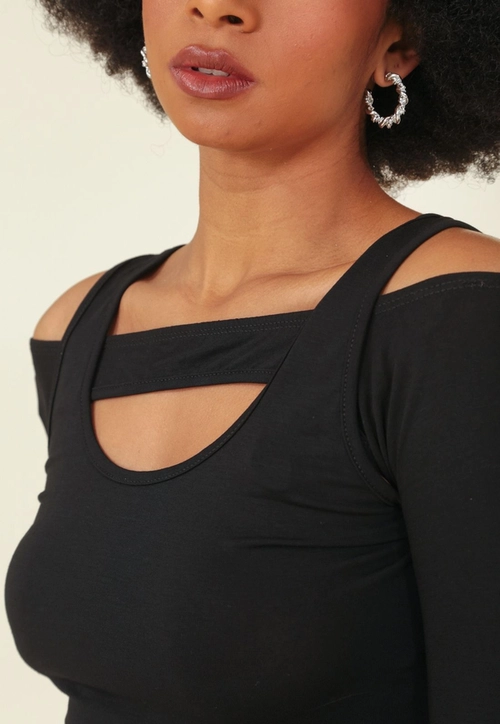Blusa Cropped Com Recorte Vazado Em Viscolycra Manga Longa