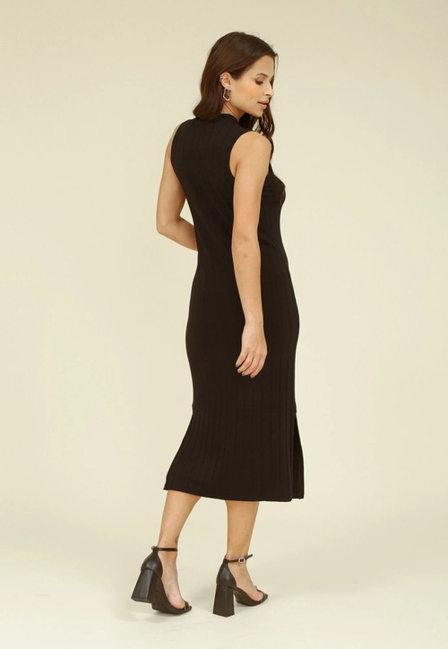 Vestido Midi Malha Canelada Gola Alta Sem Manga