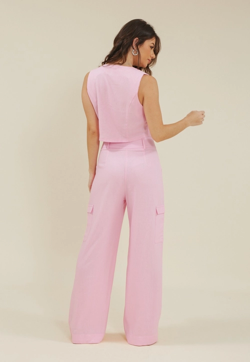 Calça Wide Leg Com Bolso Cargo Em Linho