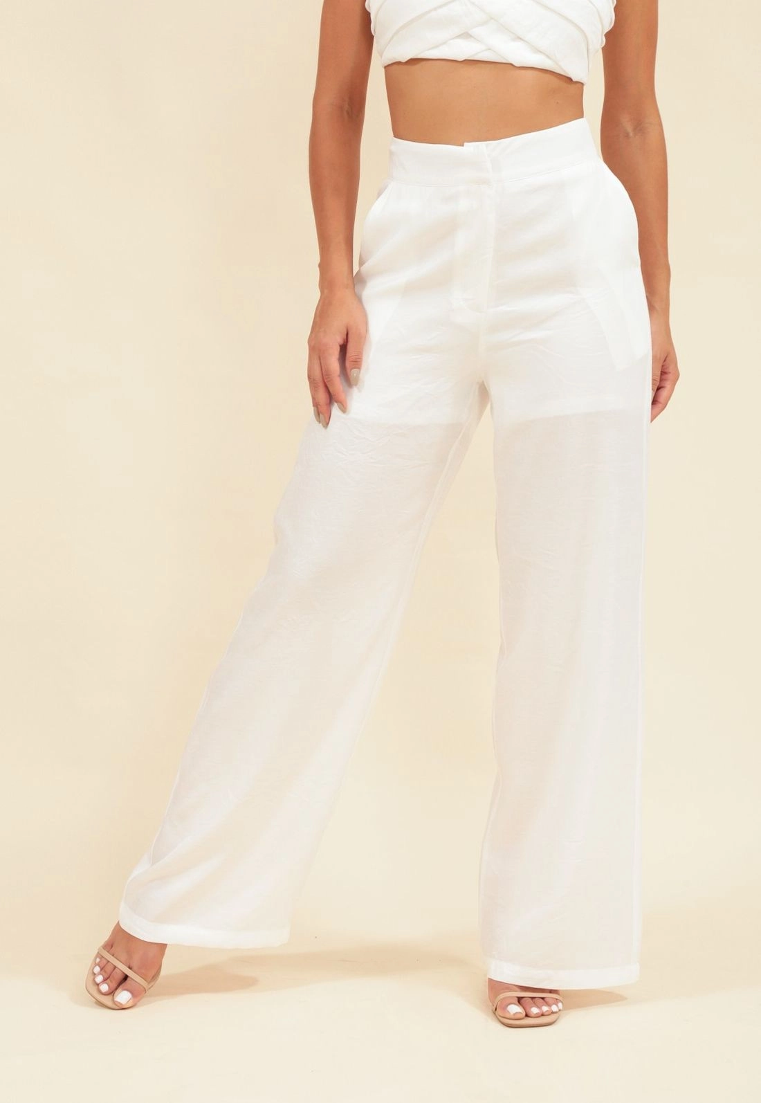 Calça Crepe Cetim Wide Leg Com Bolso Faca