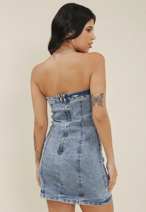 Vestido Curto Em Jeans Tomara Que Caia Com Recortes