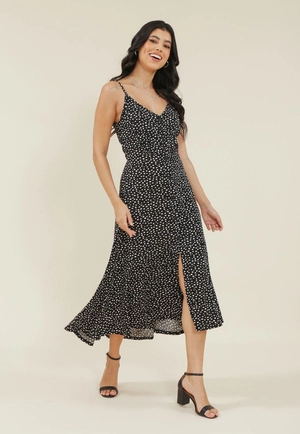 Vestido Midi Alca Com Botoes Em Viscose Estampada Poa