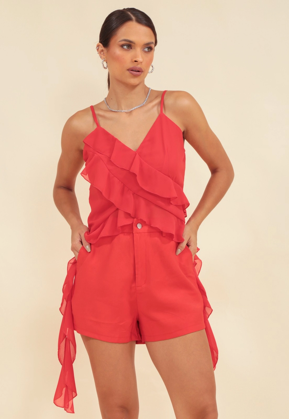 Blusa Crepe Chiffon Alça Com Babados