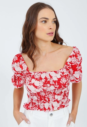 Blusa Chiffon Manga Curta Elastex Floral Vermelho