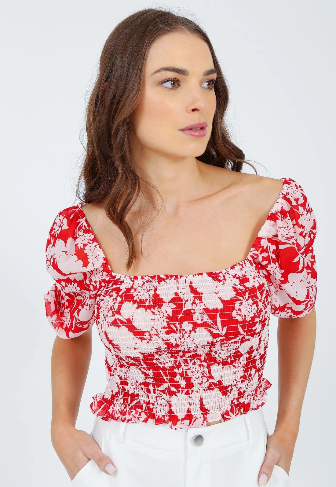 Blusa Chiffon Manga Curta Elastex Floral Vermelho