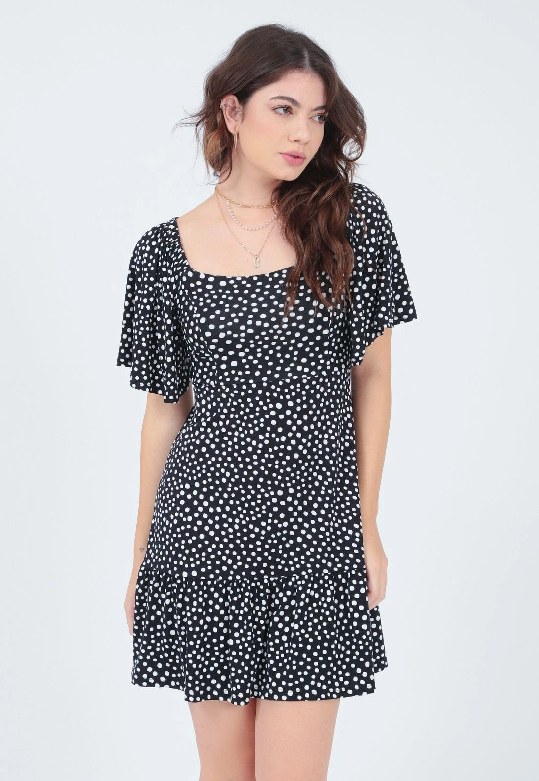 Vestido Manga Curta Poá Aberto Costa