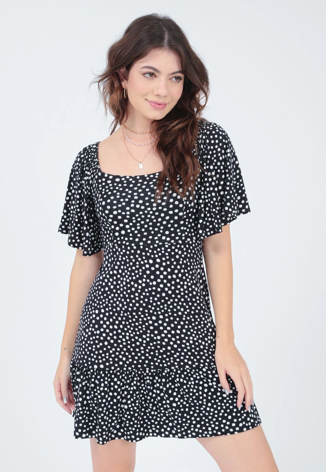 Vestido Manga Curta Poá Aberto Costa