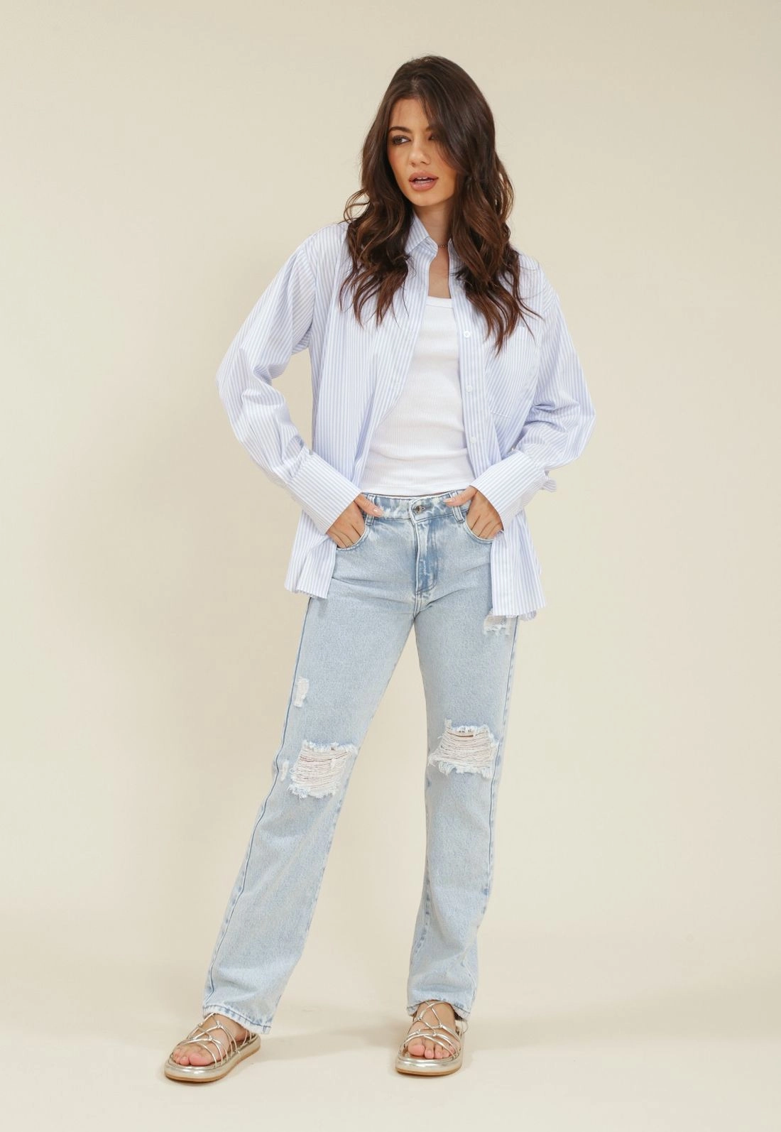 Camisa Longa Em Tricoline Listrada Oversized