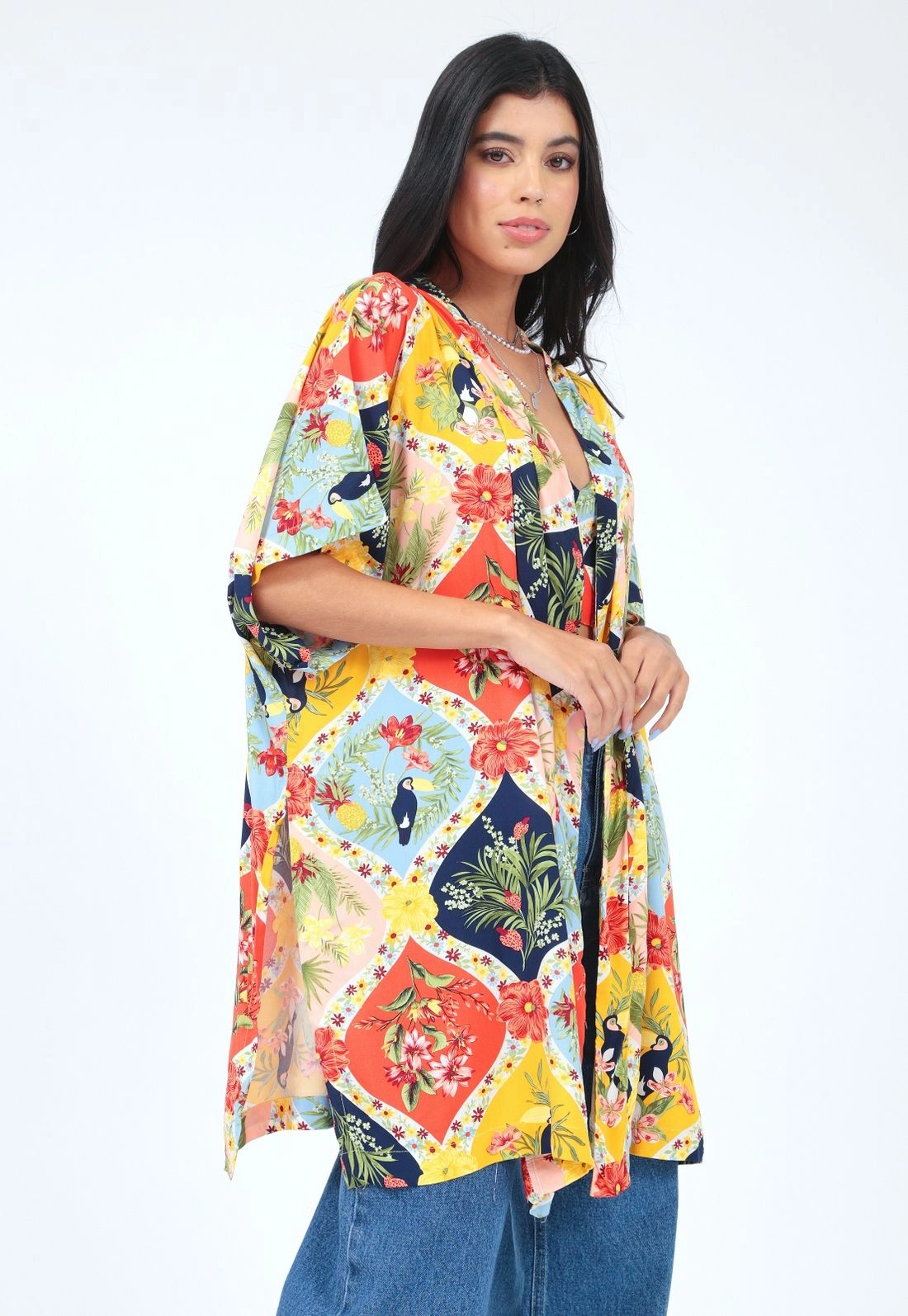 Kimono Viscose Manga Curta Estampado