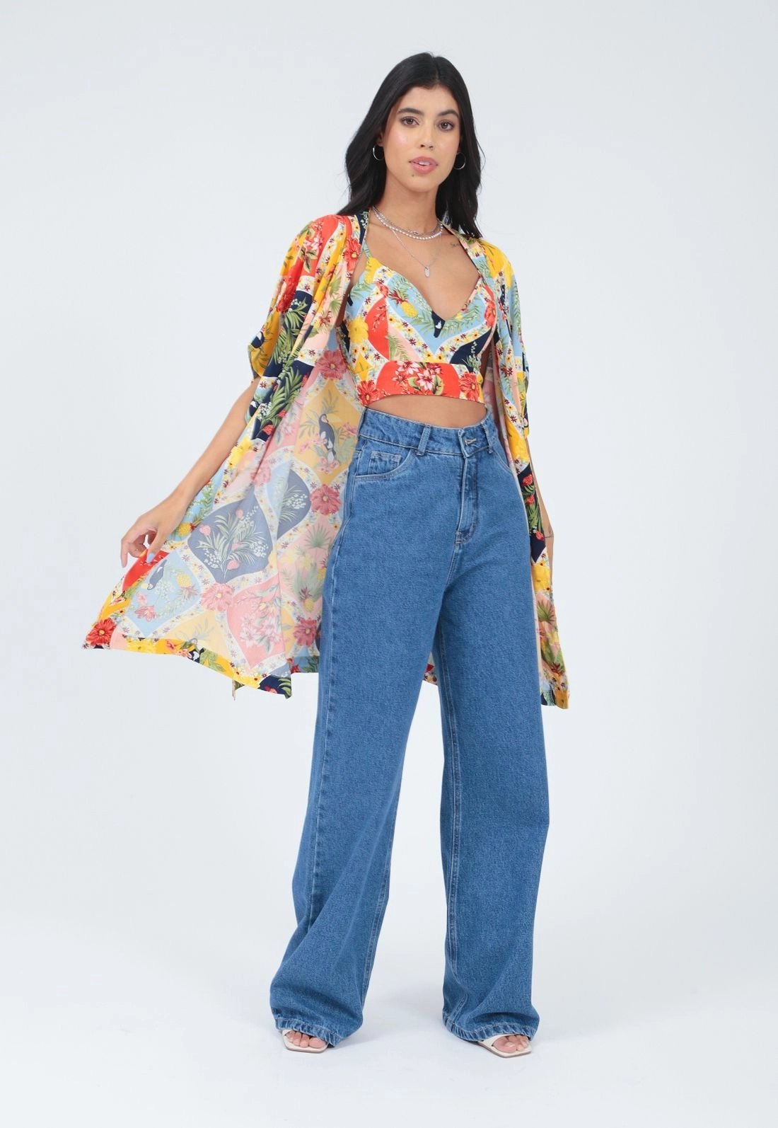 Kimono Viscose Manga Curta Estampado