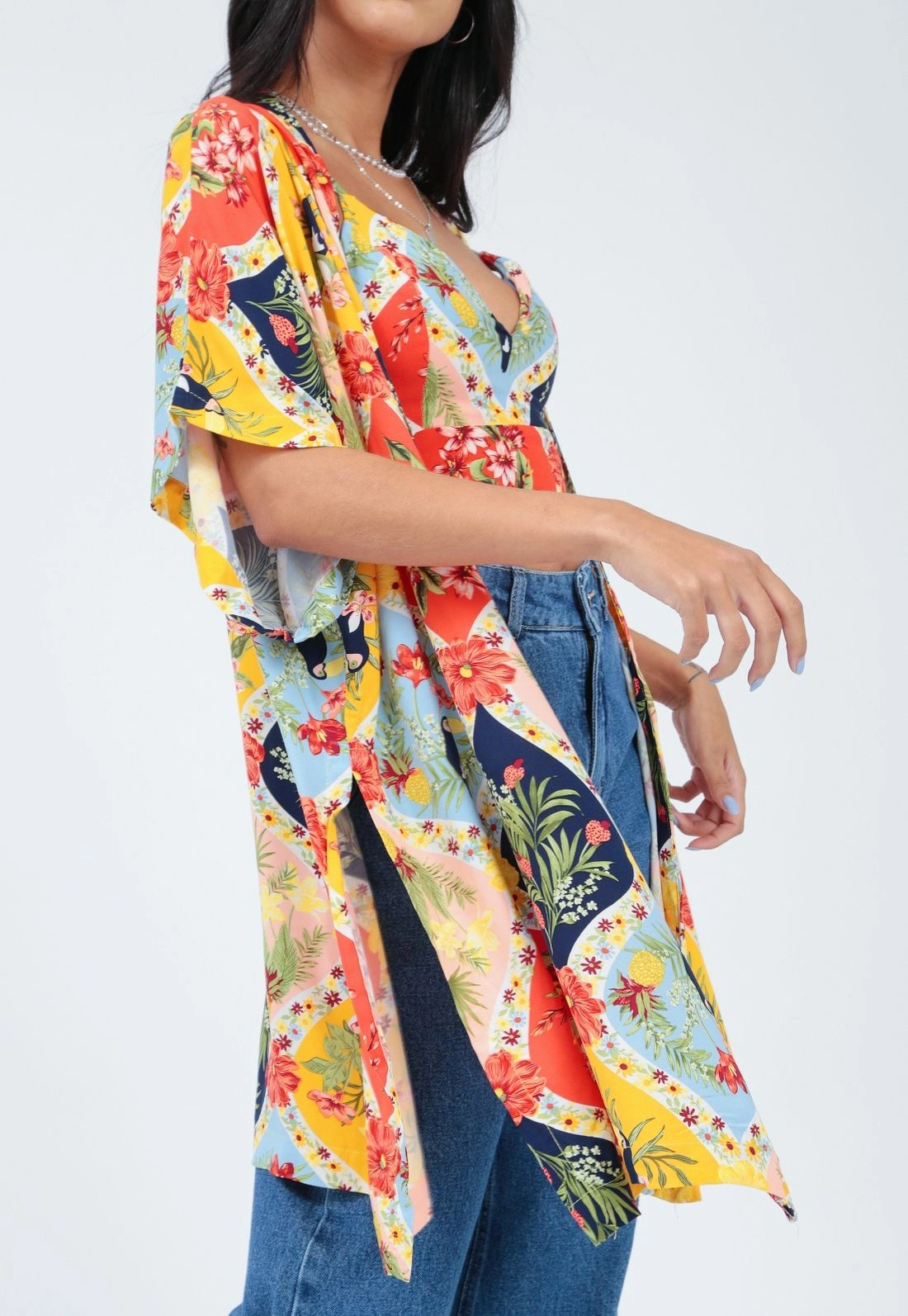 Kimono Viscose Manga Curta Estampado