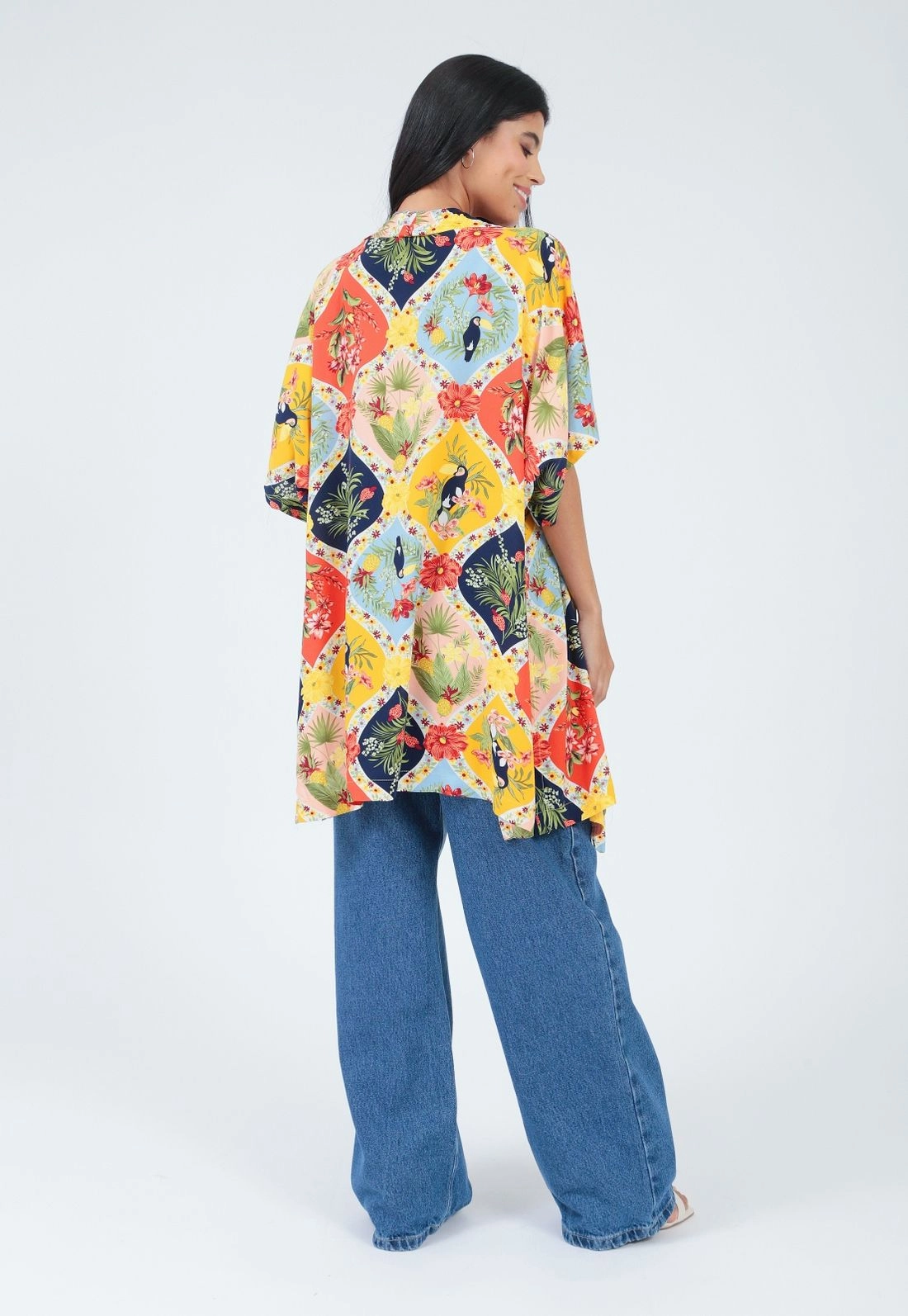 Kimono Viscose Manga Curta Estampado