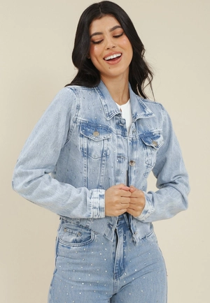 Jaqueta Cropped Jeans Barra A Fio E Bolsos