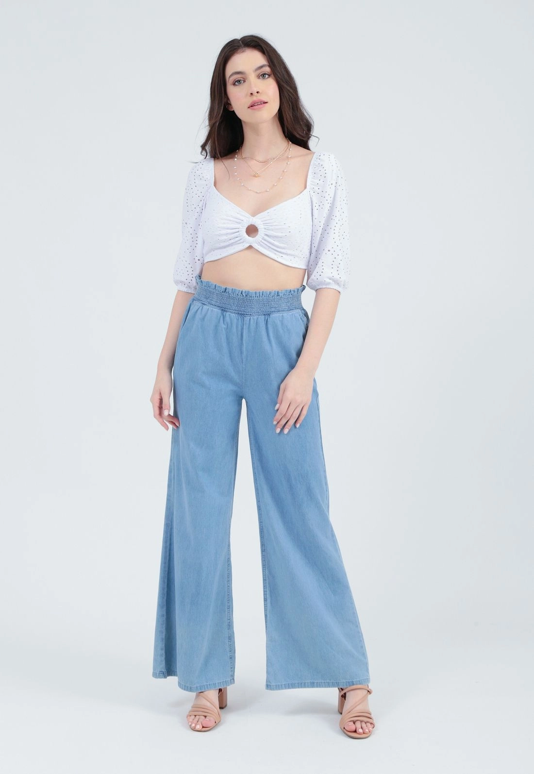 Calça Jeans Wide Leg Cós Elástico