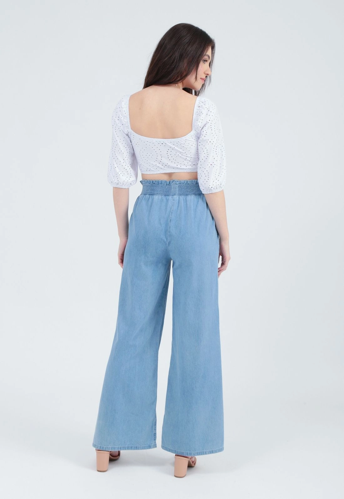 Calça Jeans Wide Leg Cós Elástico